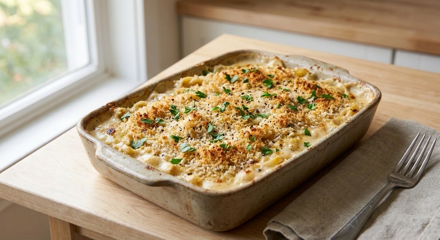 A bubbling baked pasta casserole in a ceramic dish with a golden breadcrumb topping on a kitchen counter