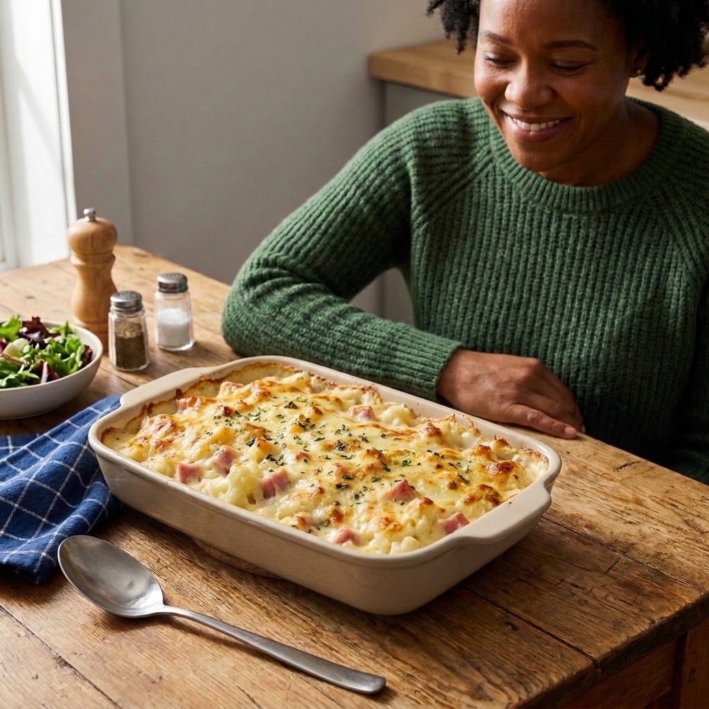 A bubbling cauliflower and ham gratin in a ceramic baking dish with browned cheese on top