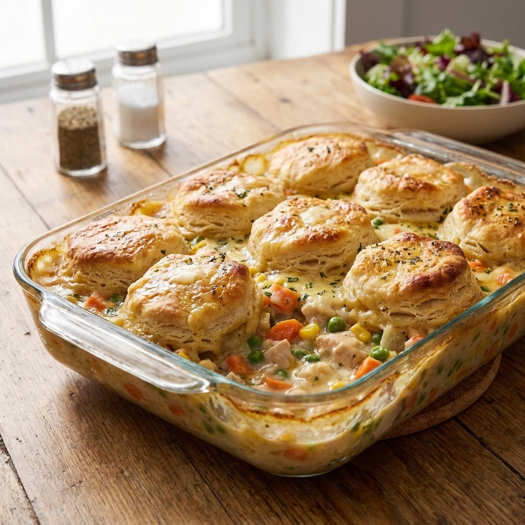 A bubbling chicken pot pie style casserole in a baking dish with golden biscuits on top