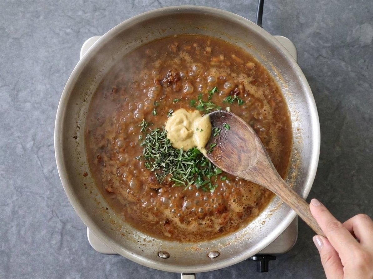 A bubbling pan sauce in a skillet with browned bits as a wooden spoon stirs in Dijon and herbs after pork chops have been removed