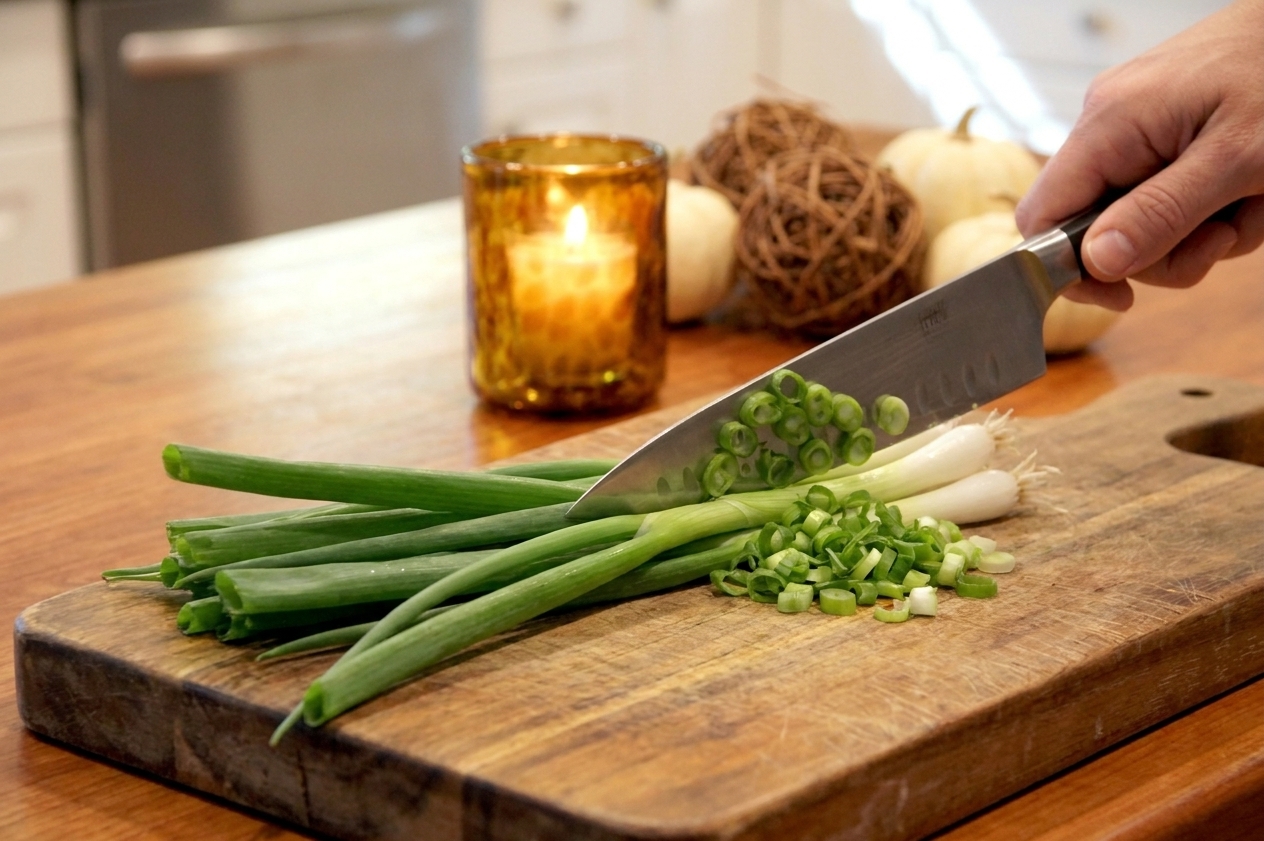 A bunch of scallion greens being thinly sliced on a wooden cutting board with a chef’s knife
