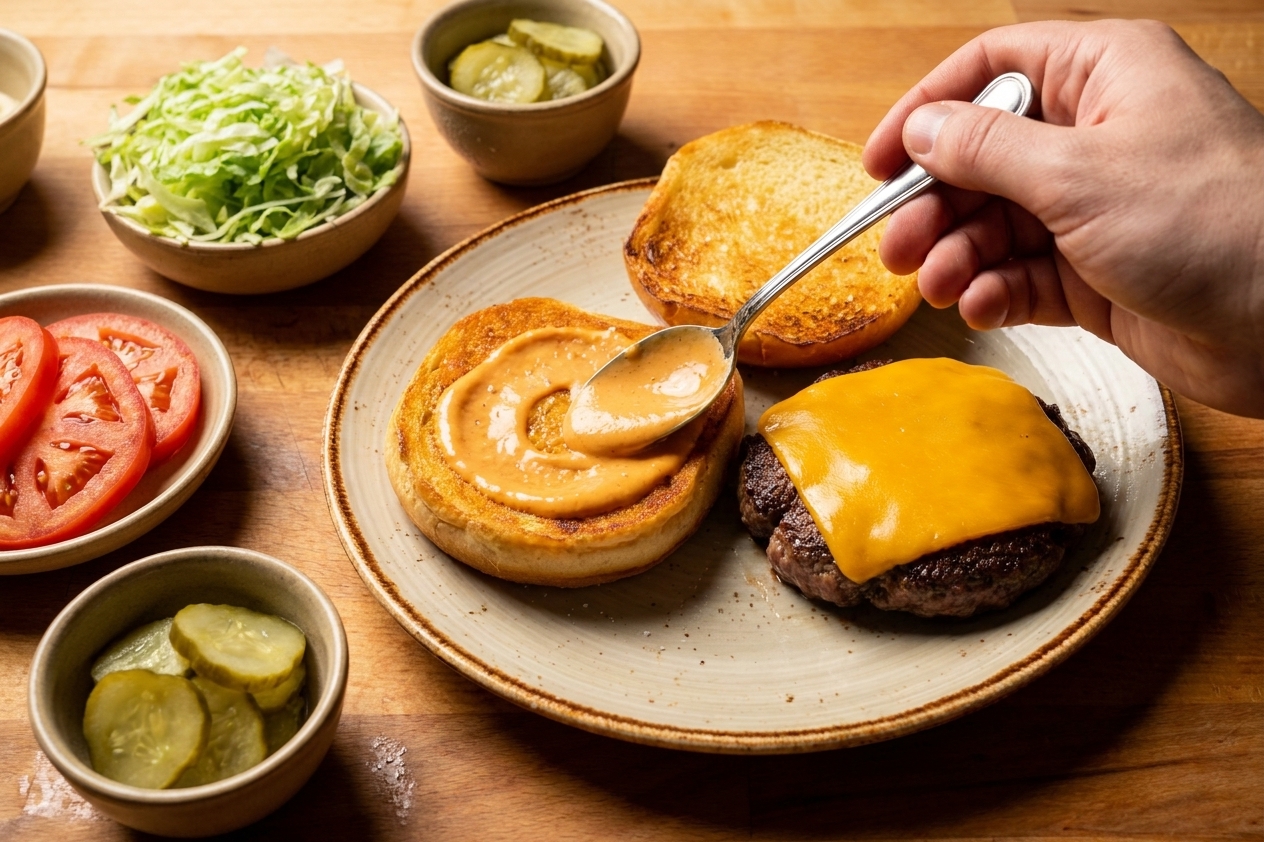 A burger being assembled on a kitchen counter with toasted buns, special sauce being spread, and fresh toppings like lettuce, tomato, and pickles nearby