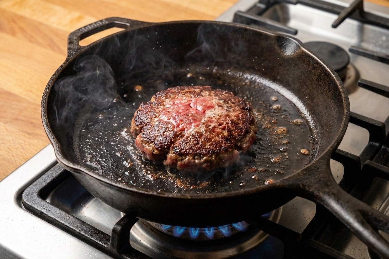 A burger patty sizzling in a cast iron skillet with a browned crust forming, cooking on a stovetop