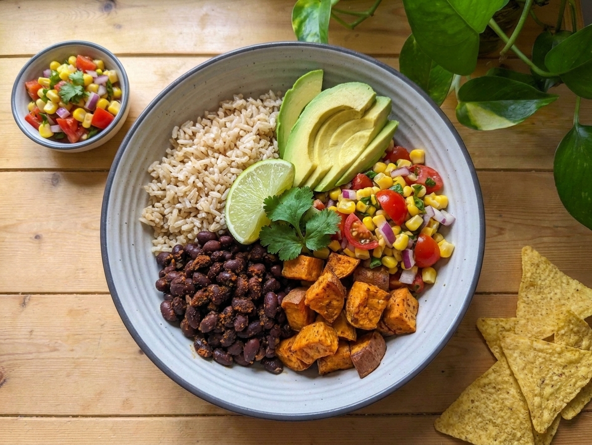 A burrito bowl with black beans, roasted sweet potatoes, brown rice, salsa, and avocado slices