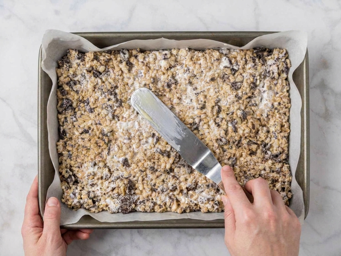 A buttered spatula gently pressing the Rice Krispie treat mixture into a parchment-lined baking pan