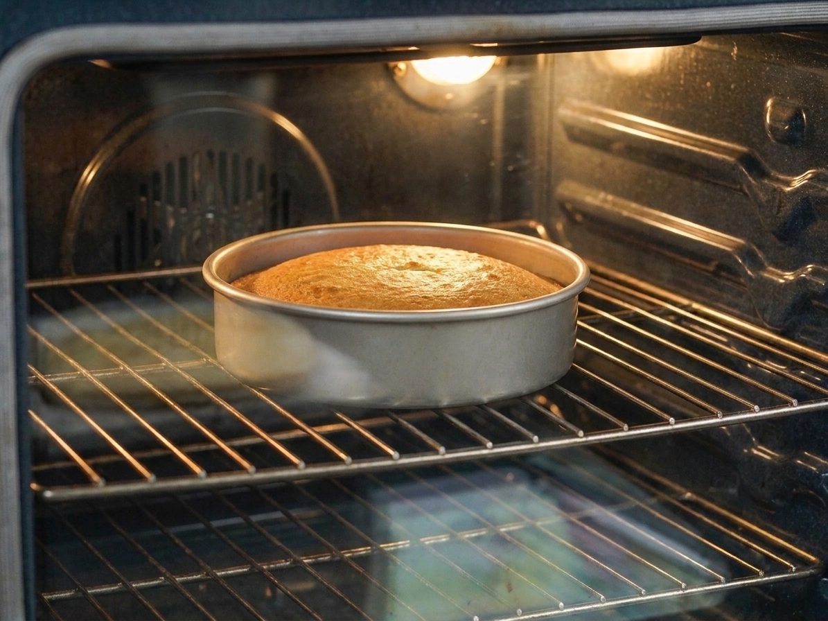 A cake baking on the center rack inside an oven, warm light spilling out