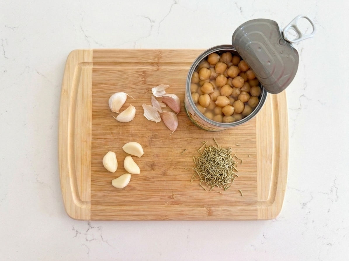 A can of chickpeas, fresh garlic, and a small pile of dried rosemary on a cutting board