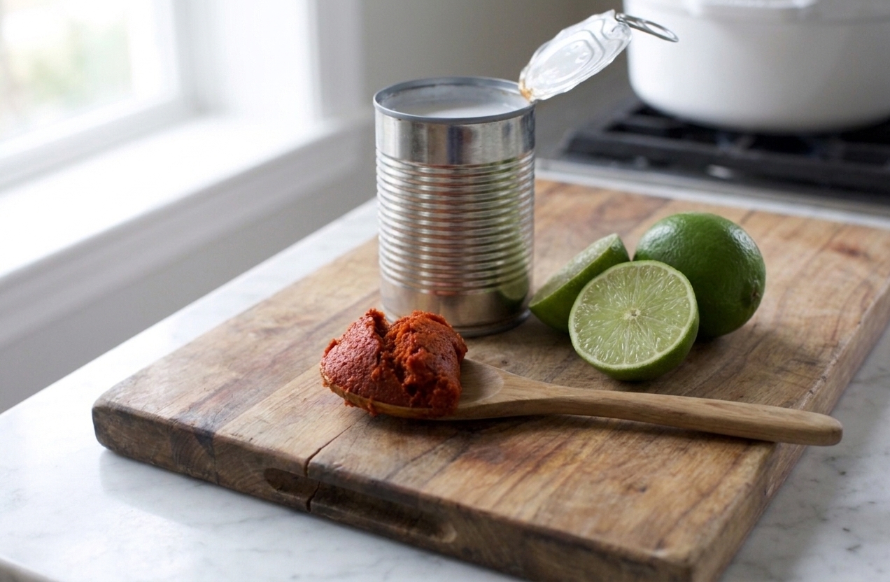 A can of coconut milk and a spoonful of red curry paste on a cutting board beside limes