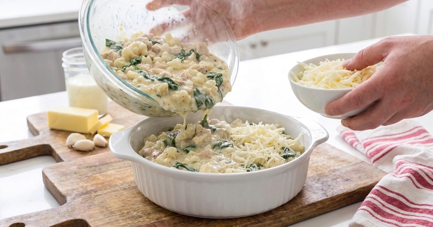 A casserole dish being filled with creamy chicken and cauliflower mixture, with shredded cheese being sprinkled on top