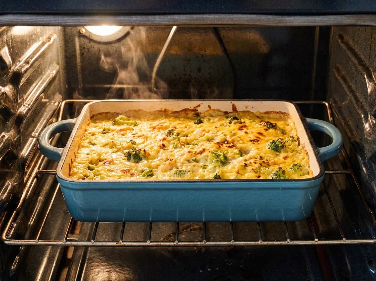 A casserole dish in an oven with the broccoli rice chicken mixture bubbling and the topping turning golden