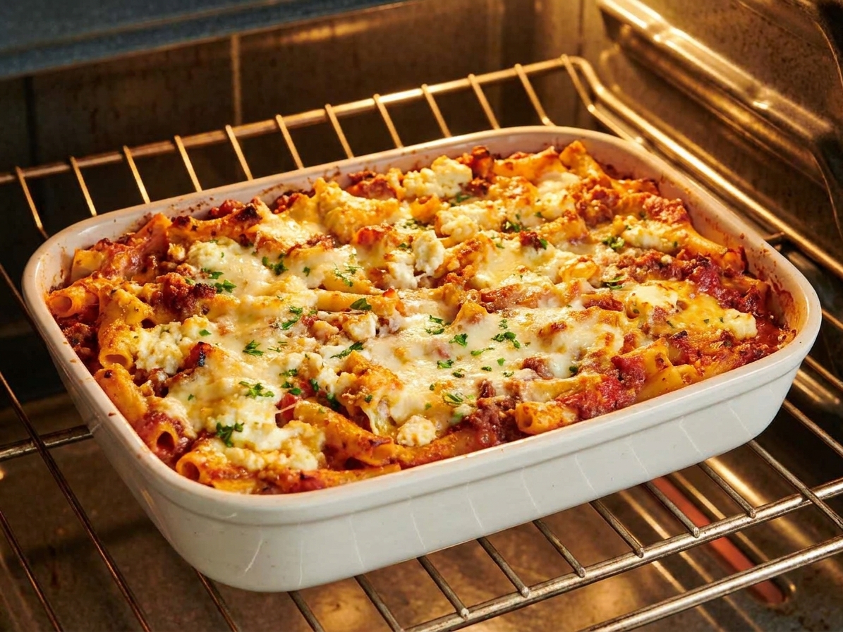 A casserole dish of baked ziti on an oven rack with melted cheese bubbling and lightly browned on top