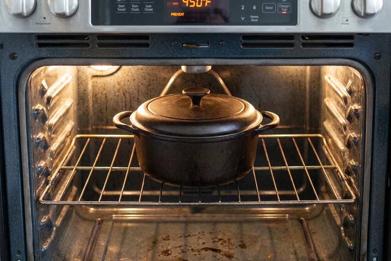 A cast iron Dutch oven with lid sitting on an oven rack while the oven preheats