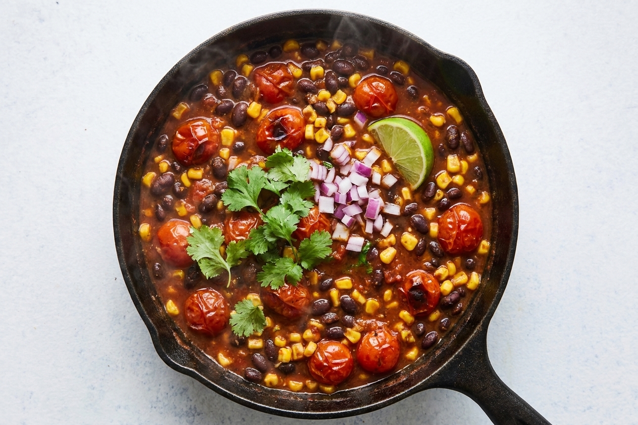 A cast iron skillet filled with simmering black beans and corn in a smoky tomato salsa sauce