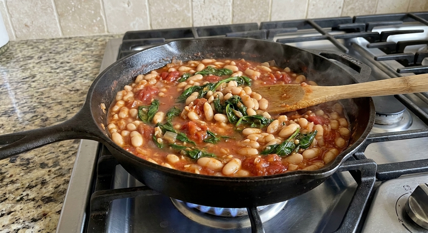 A cast iron skillet filled with white beans simmering in a chunky tomato sauce with wilted greens