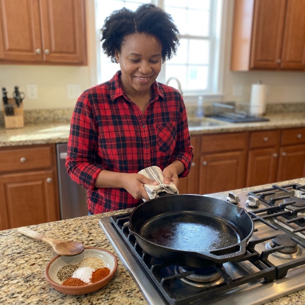 A cast iron skillet heating on a stovetop with a wooden spoon and a small bowl of seasonings nearby