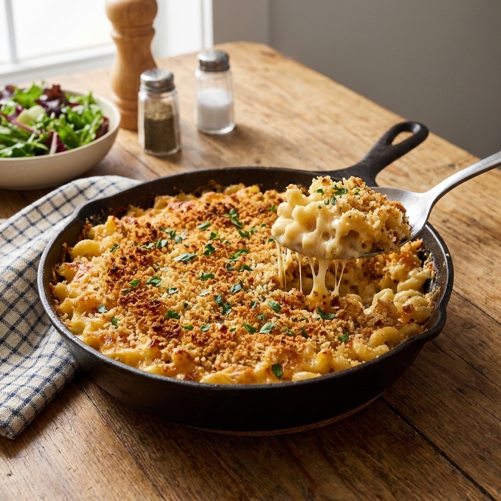 A cast iron skillet of baked mac and cheese with a browned breadcrumb topping and a spoon scooping a creamy portion