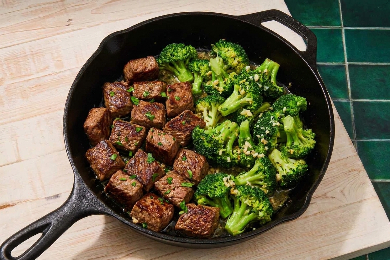 A cast iron skillet with seared steak bites and bright green broccoli coated in garlic butter