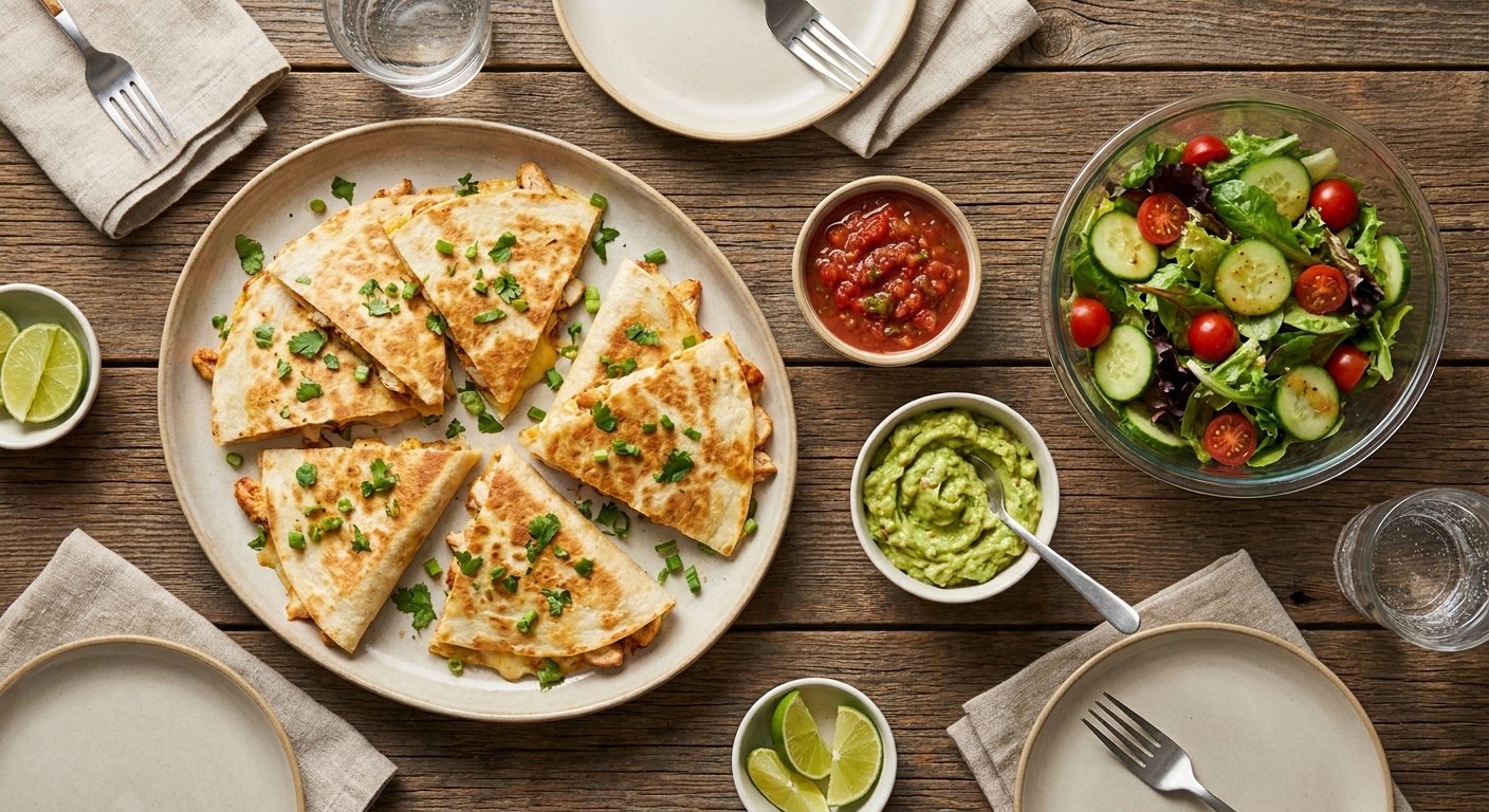 A casual dinner spread with a platter of quesadilla wedges, bowls of salsa and guacamole, and a simple green salad
