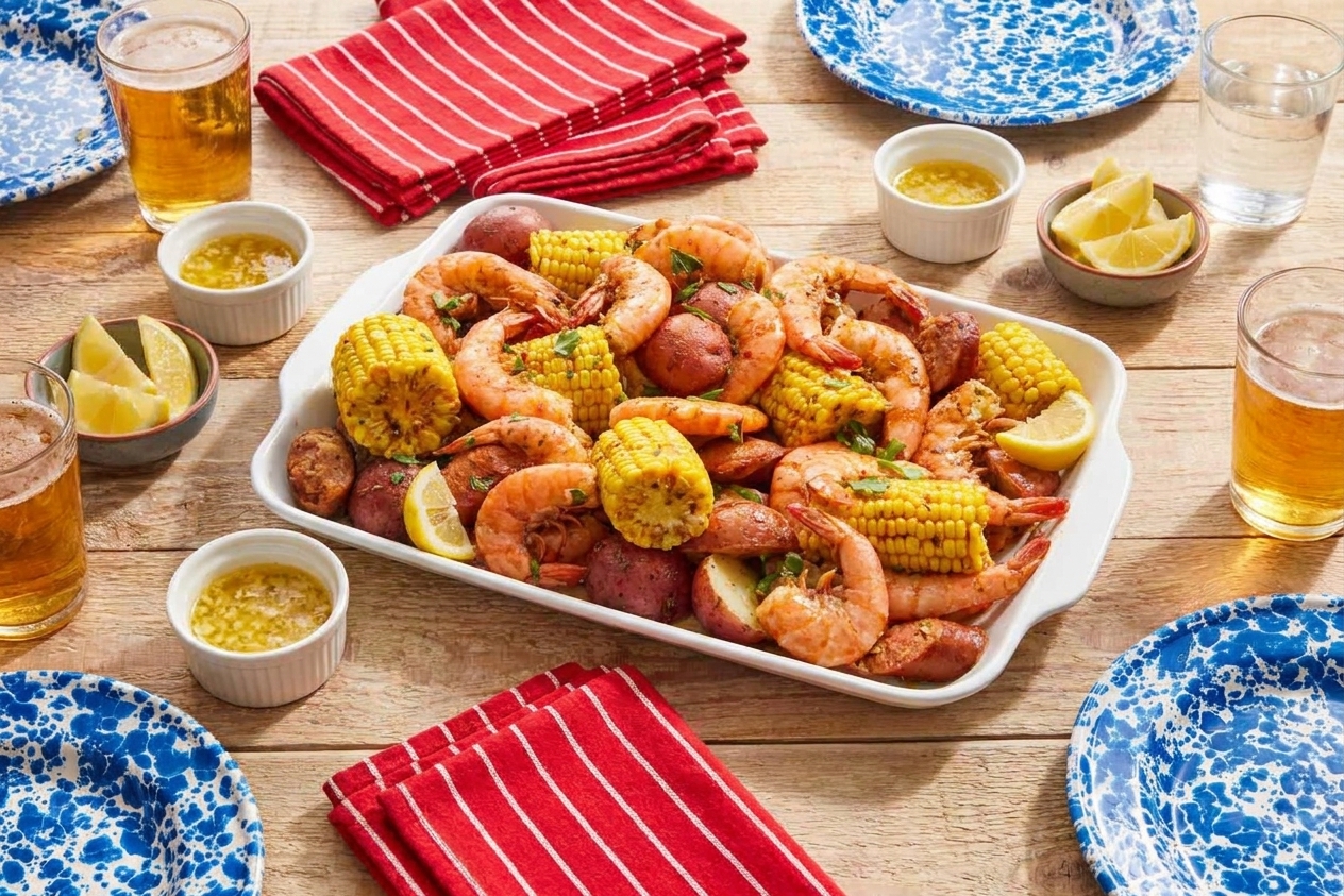 A casual dinner table set with a large shrimp boil platter, small bowls of melted butter, lemon wedges, and plenty of napkins