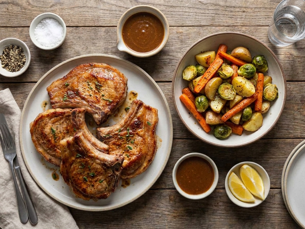 A casual dinner table setting with a platter of pork chops, a bowl of roasted vegetables, and small dishes of sauce and lemon wedges