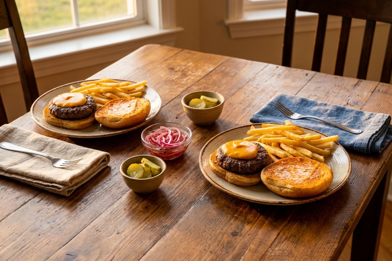 A casual dinner table setting with two plated burgers, a small bowl of pickles, and napkins on a wooden table in warm evening light