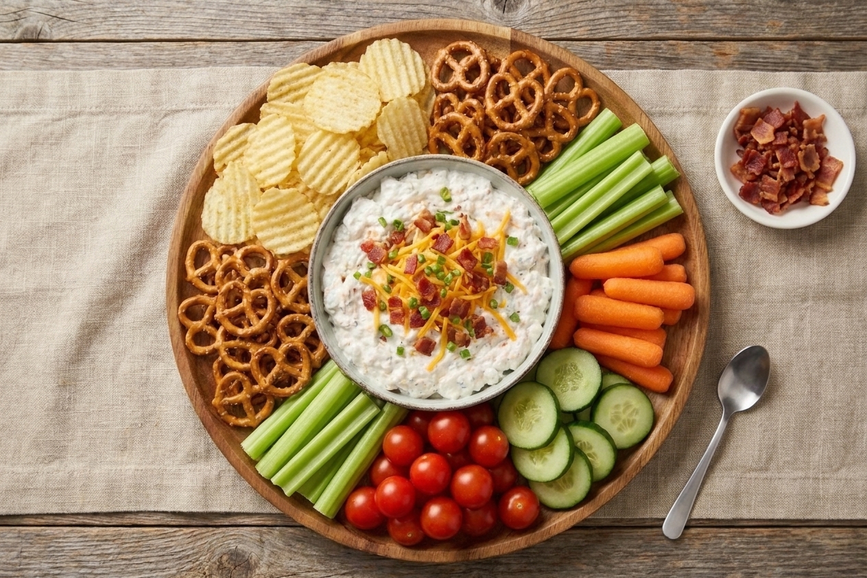 A casual snack platter with a bowl of ranch dip surrounded by chips, pretzels, and fresh vegetables on a linen runner