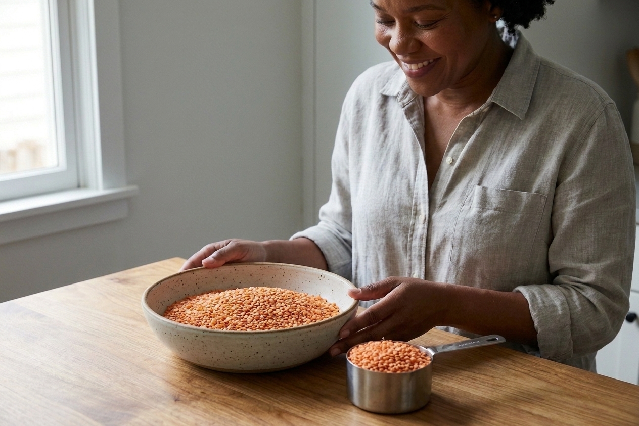 A ceramic bowl filled with dry red lentils on a wooden countertop with a measuring cup nearby