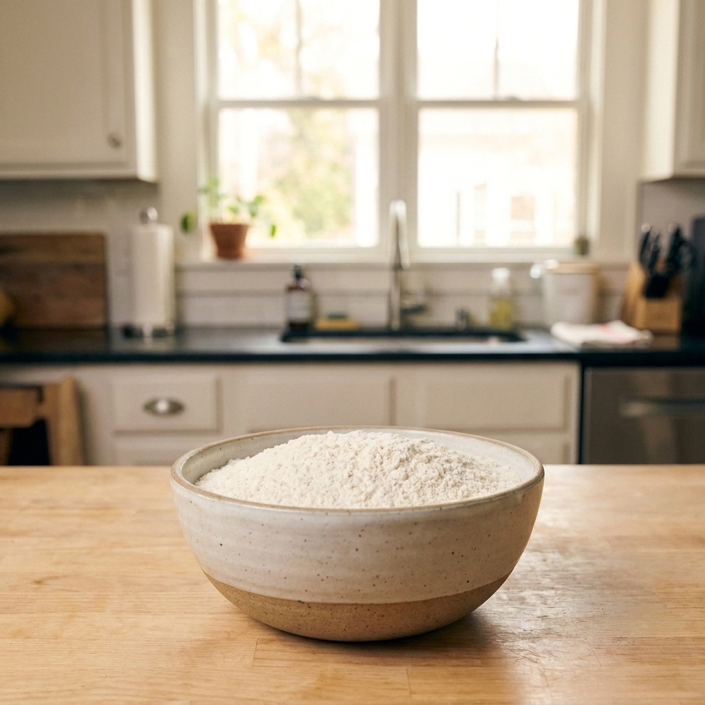 A ceramic bowl filled with white 1-to-1 gluten-free flour blend on a wooden countertop