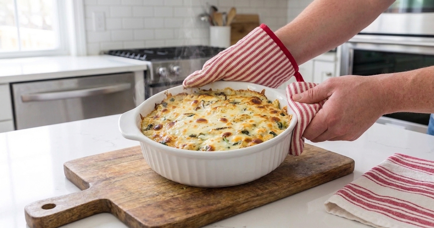 A cheesy casserole dish coming out of the oven with browned melted cheese and bubbling edges