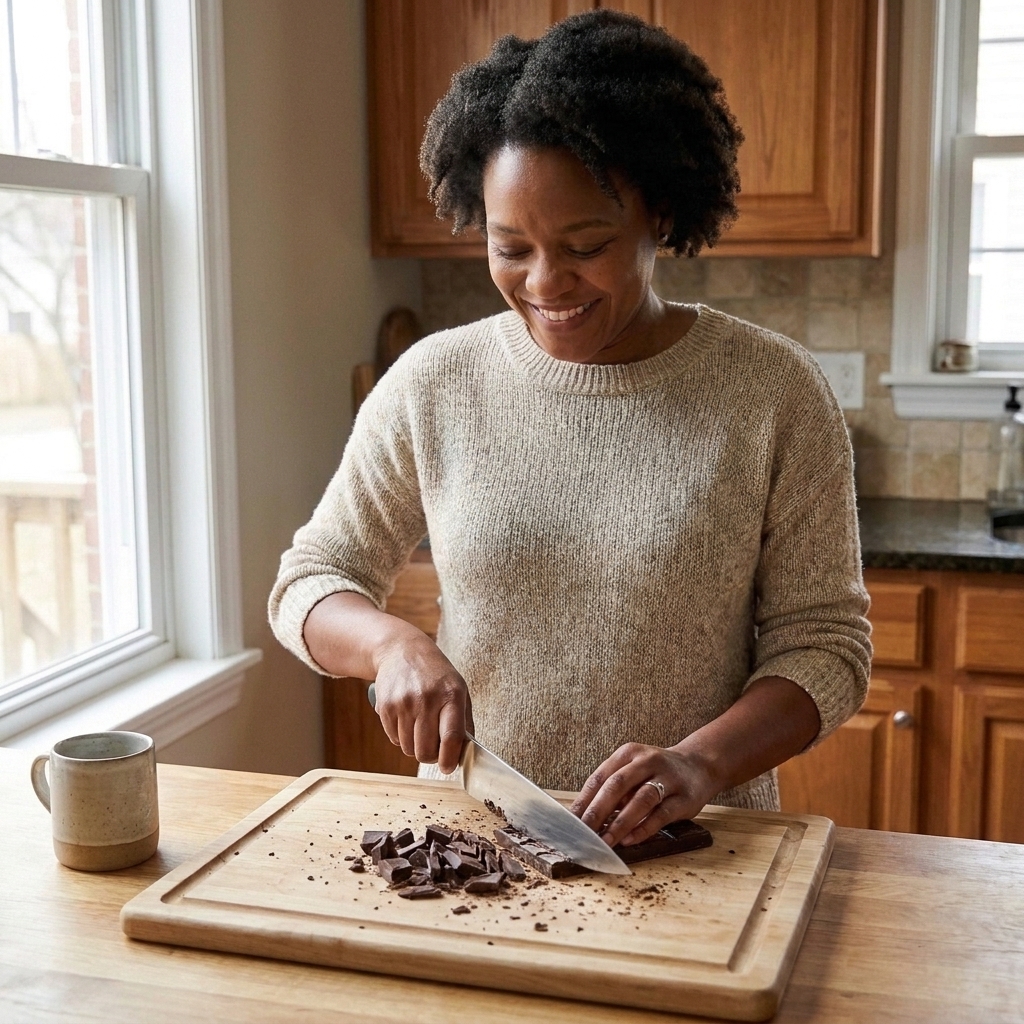 A chef's knife chopping a dark chocolate bar into rough chunks on a wooden cutting board