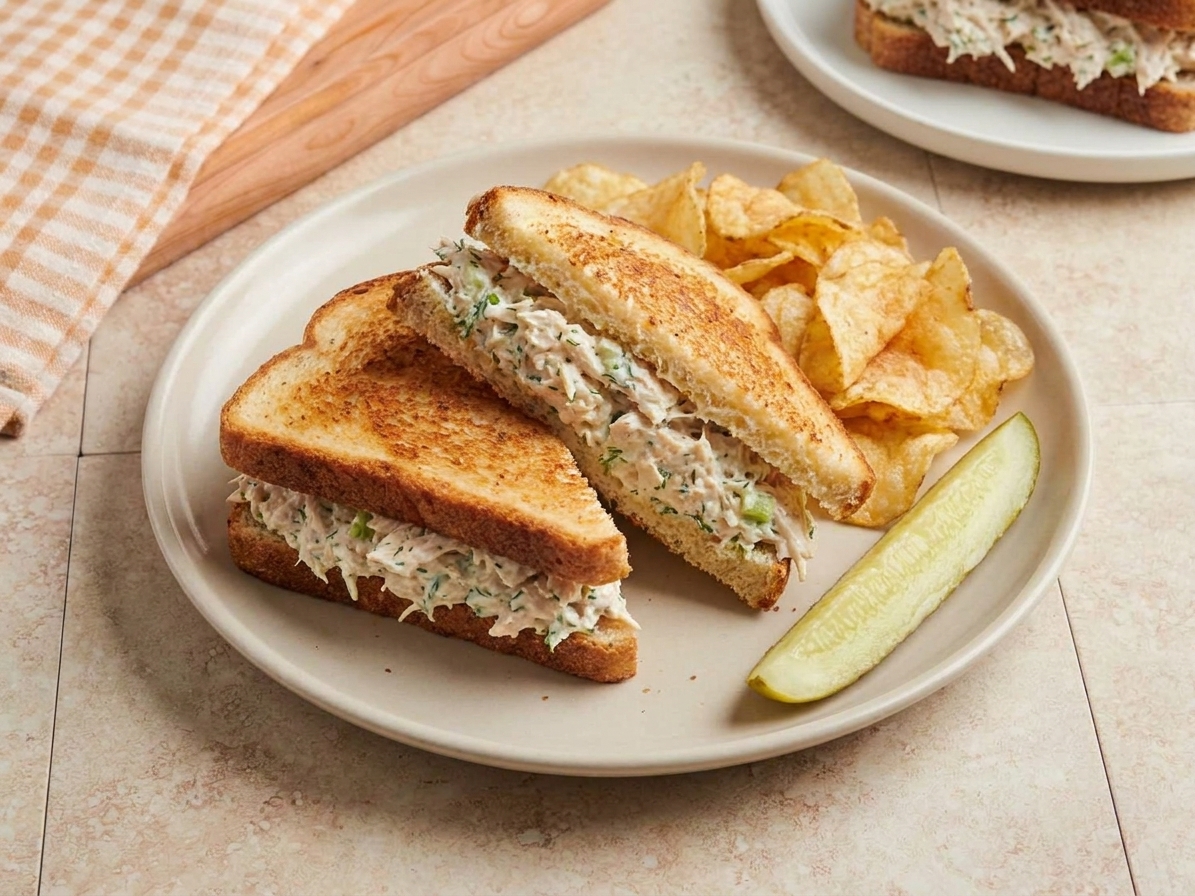 A chicken salad sandwich cut in half on a ceramic plate with potato chips and a pickle spear on the side