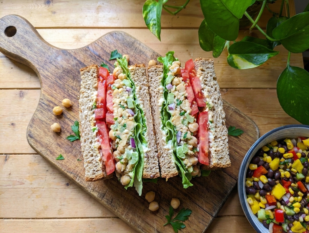 A chickpea salad sandwich on whole grain bread with lettuce and sliced tomatoes on a wooden cutting board