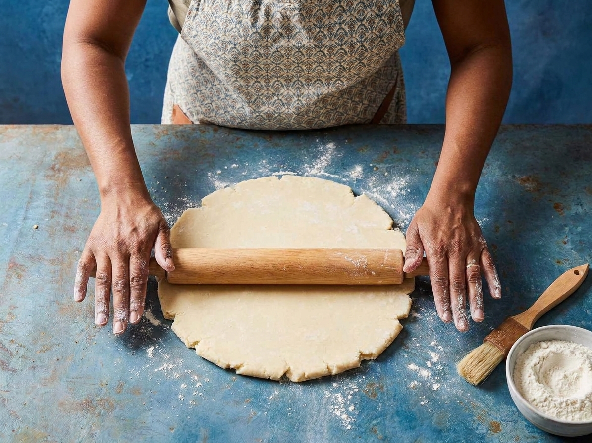 A chilled disc of pie dough being rolled into a wide circle on a lightly floured countertop