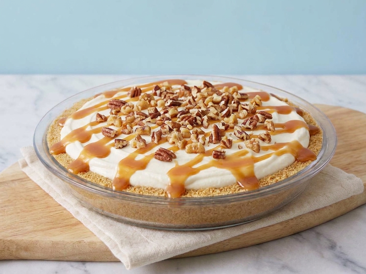 A chilled no bake cheesecake with caramel drizzled over the top and a scattering of toasted nuts