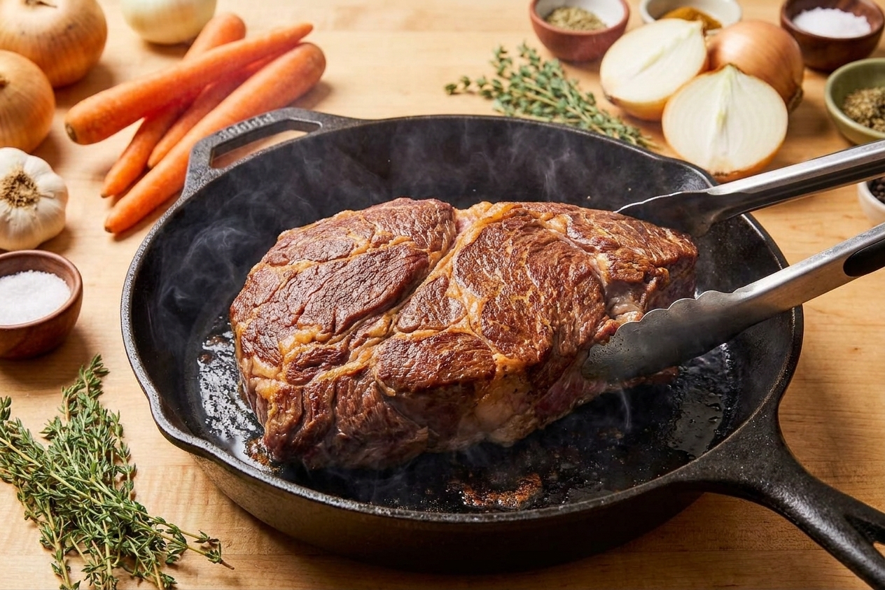 A chuck roast being browned in a cast iron skillet with a golden crust forming on the surface