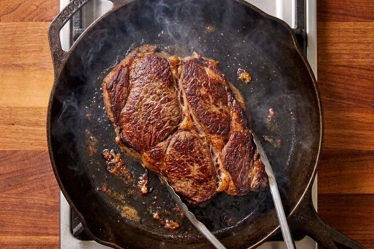 A chuck roast being seared in a hot cast iron skillet with a browned crust forming on the surface