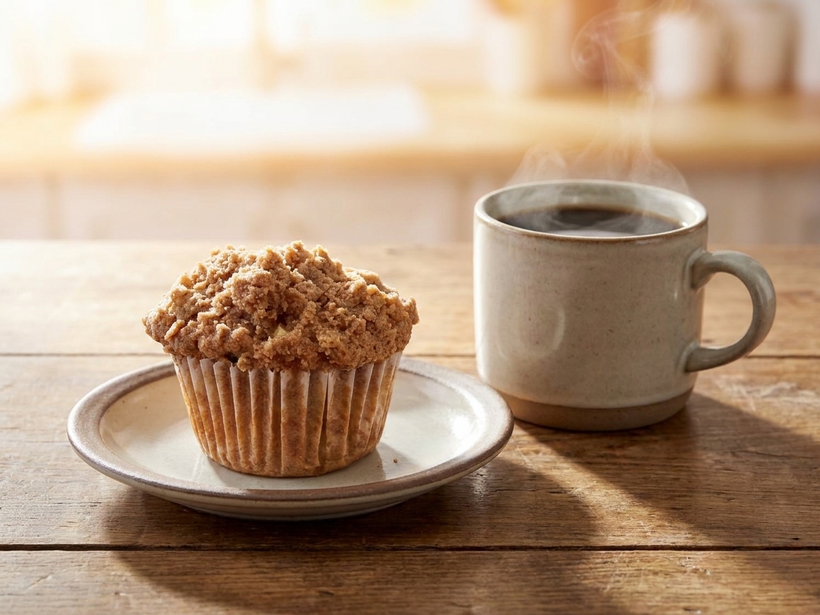 A cinnamon apple muffin on a small plate next to a mug of coffee on a wooden breakfast table with soft morning light