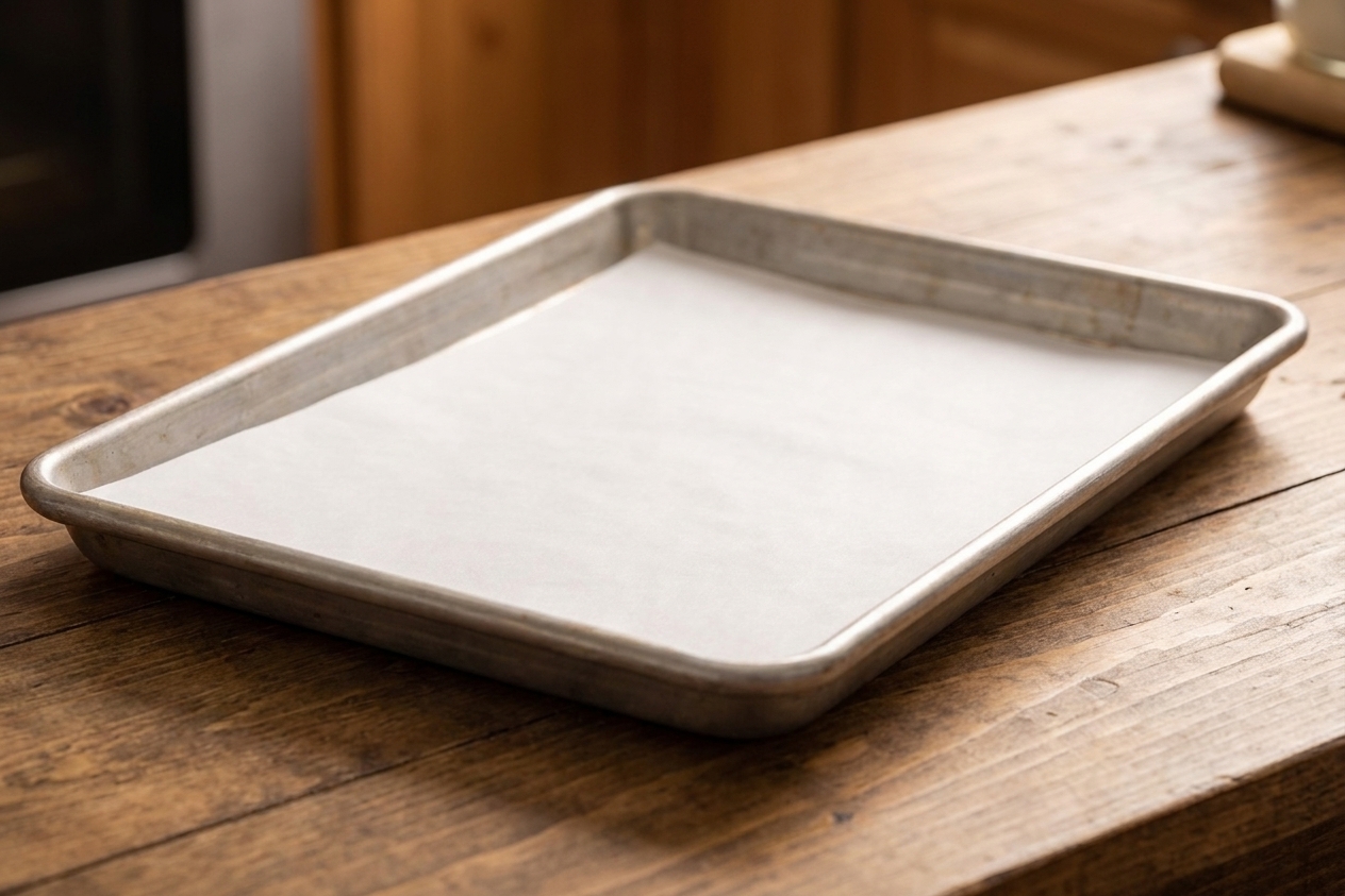 A clean aluminum baking sheet lined with parchment paper on a kitchen counter, ready for cookie dough