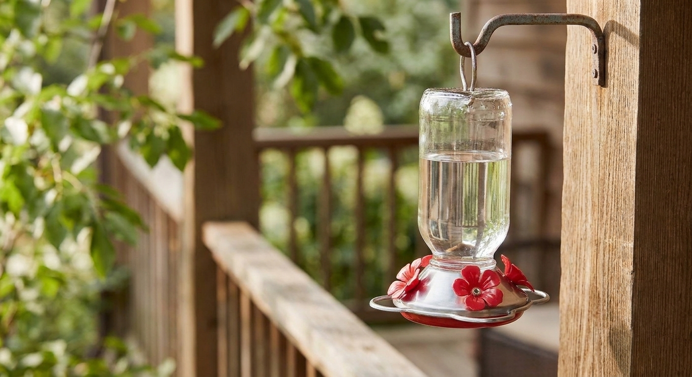 A clean hummingbird feeder filled with clear sugar water hanging from a porch hook in soft daylight