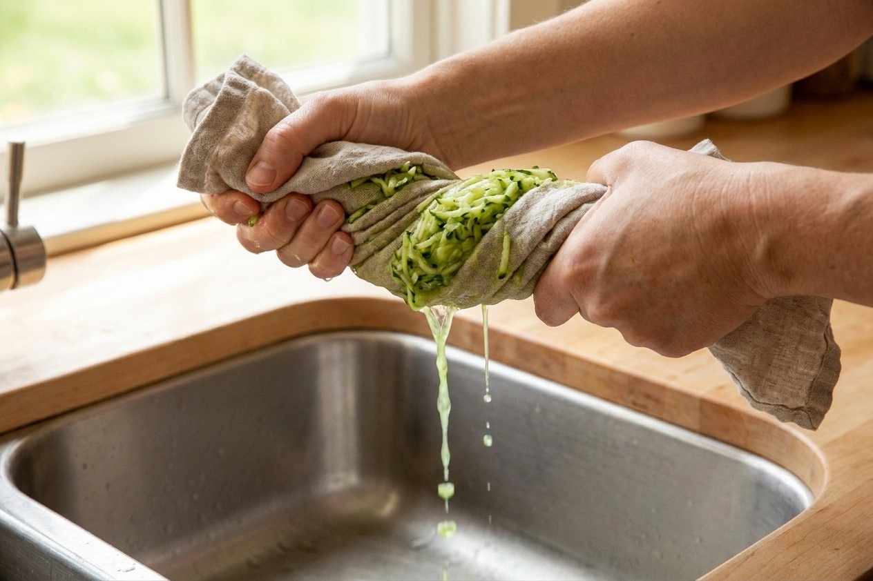 A clean kitchen towel being twisted to squeeze water from grated zucchini over a sink