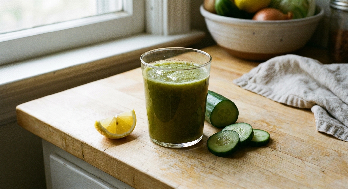 A clear glass filled with earthy green juice on a light wooden kitchen counter, with a lemon wedge and sliced cucumber nearby
