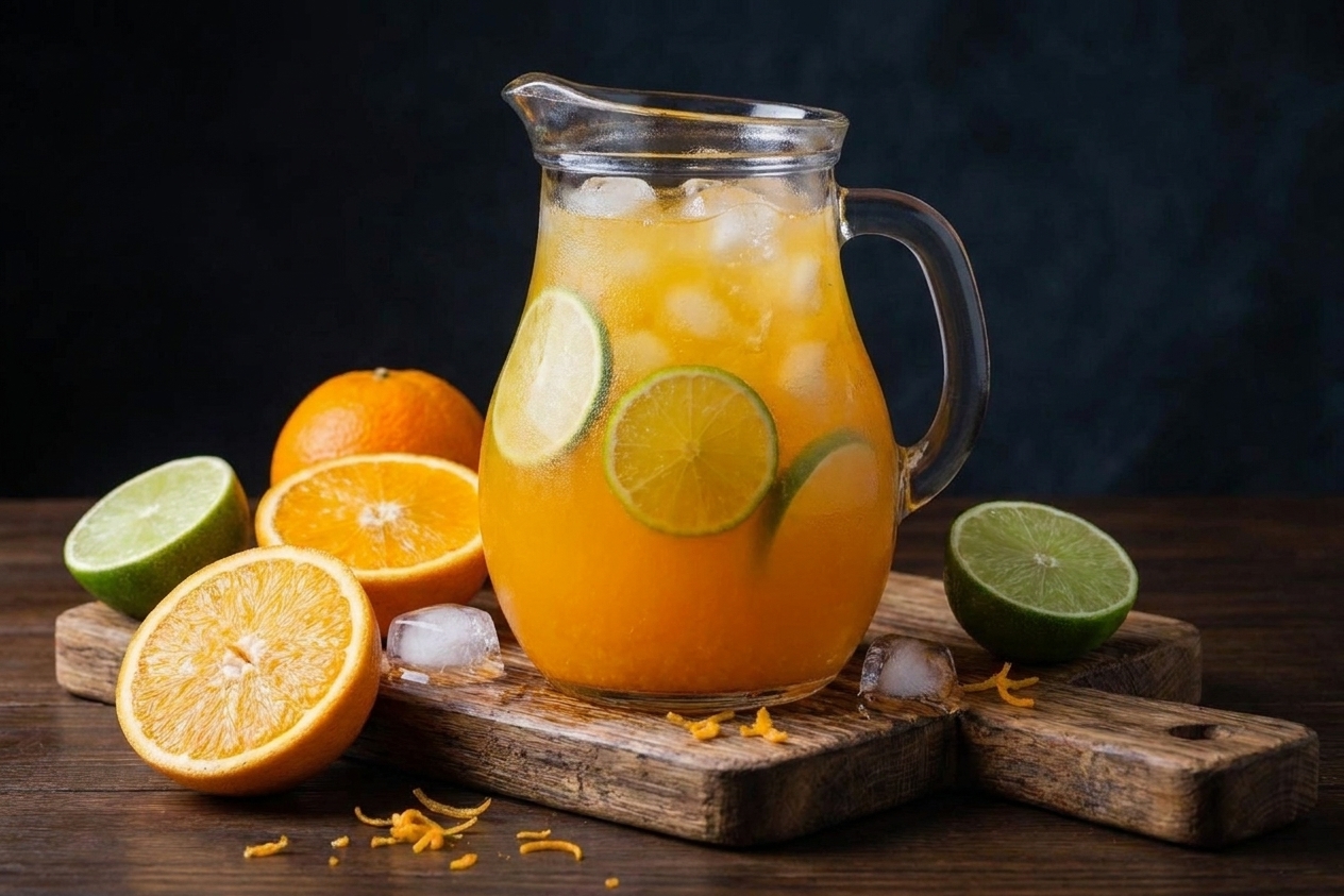 A clear pitcher filled with orange-colored citrus mocktail, ice, and floating lime wheels on a wooden table