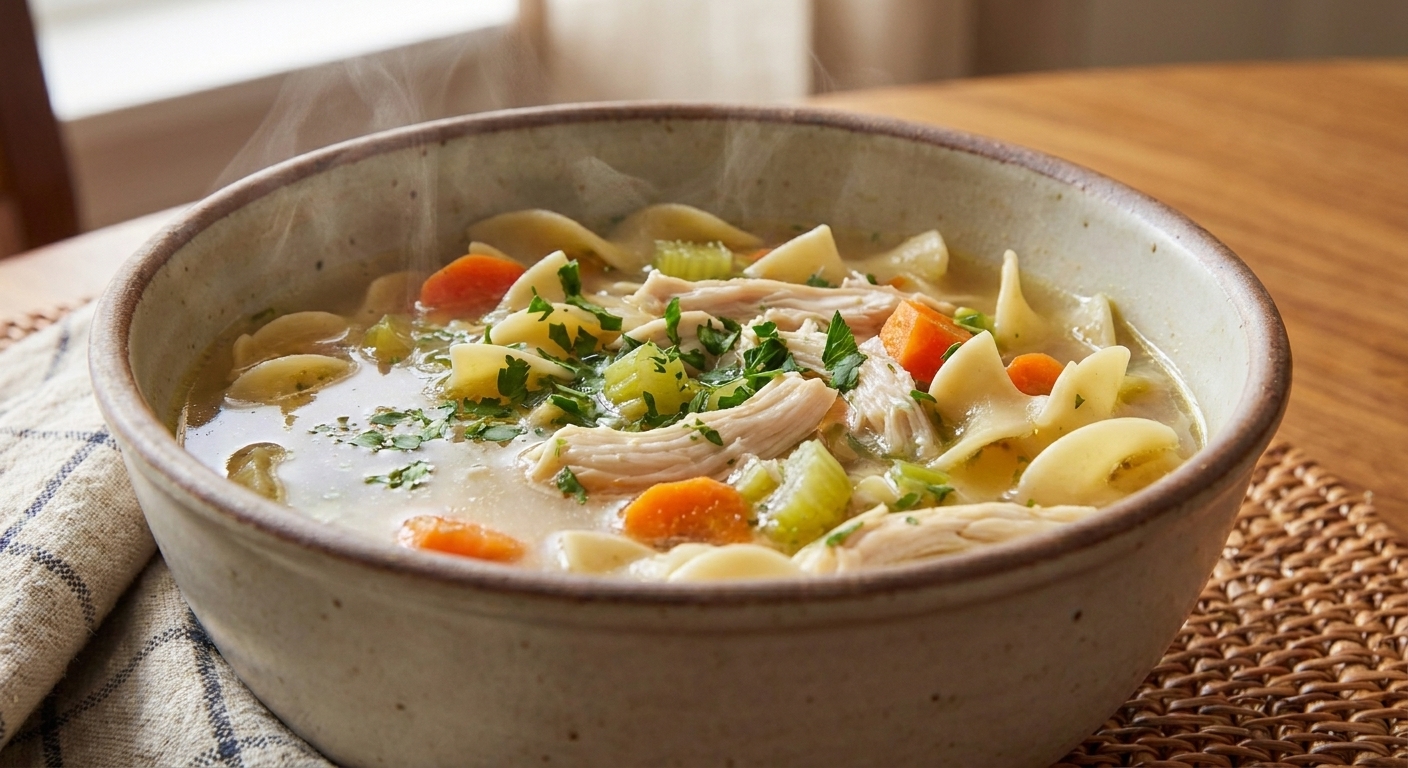 A close-up bowl of chicken noodle soup with egg noodles and shredded chicken, topped with chopped parsley, with steam rising