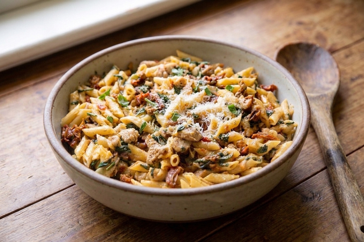 A close-up bowl of rustic chicken and pasta with tomato sauce, tender chicken pieces, and fresh herbs, with grated Parmesan on top
