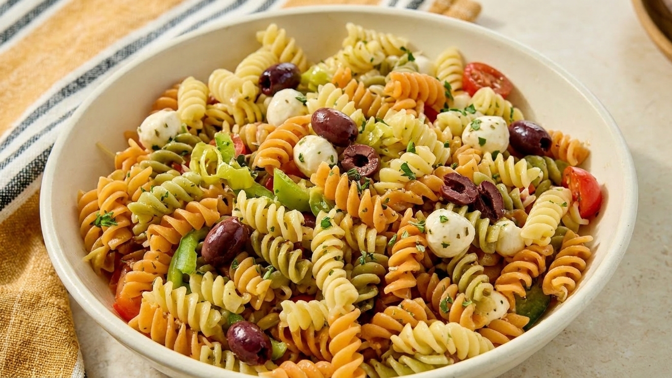 A close-up of Italian dressing pasta salad showing rotini, mozzarella pearls, kalamata olives, chopped pepperoncini, cherry tomatoes, and herbs in a serving bowl