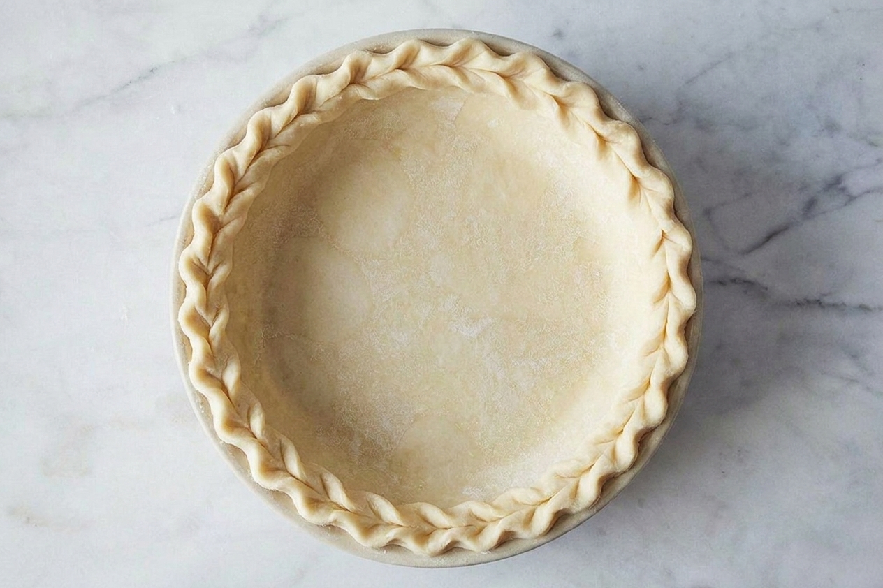 A close-up of a raw pie crust edge neatly crimped in a ceramic pie dish on a kitchen counter