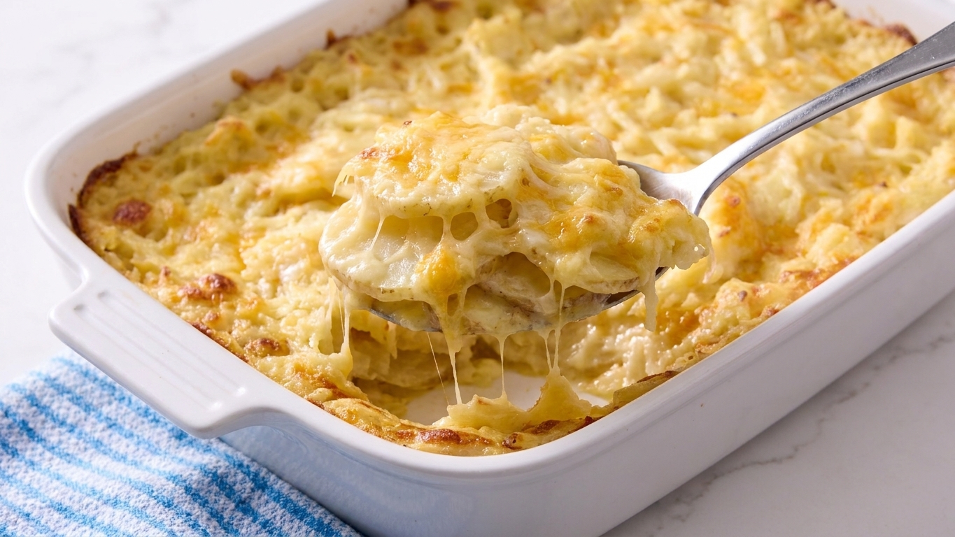 A close-up of a scoop of cheesy potato casserole being lifted from the baking dish, showing creamy layers and melted cheese