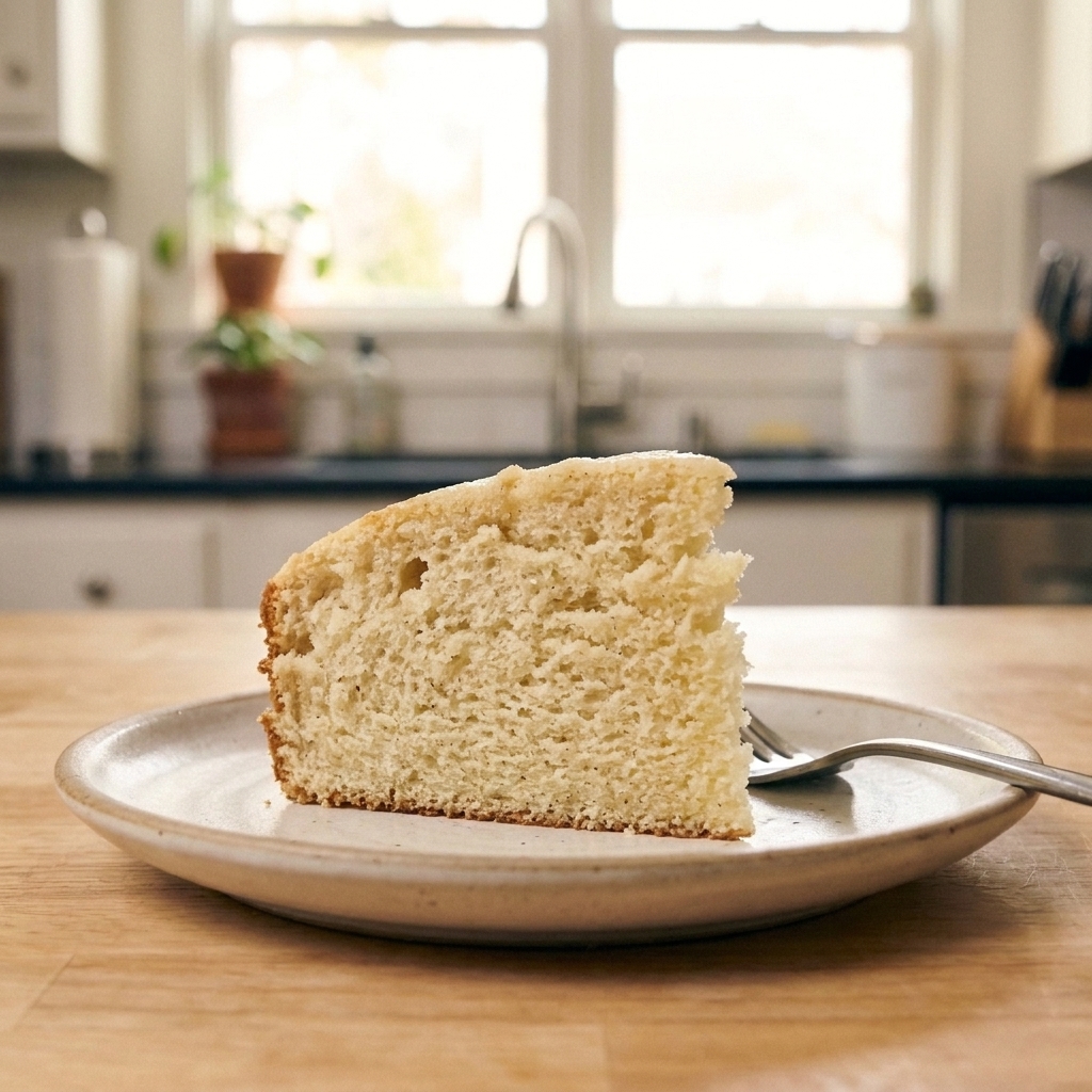 A close-up of a slice of gluten-free vanilla cake on a plate showing a tender crumb