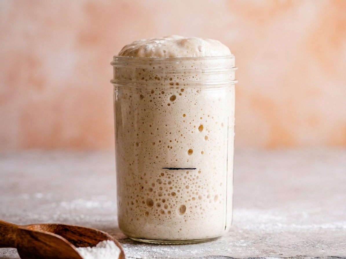 A close-up of an active sourdough starter showing lots of small bubbles and a slightly domed surface inside a glass jar