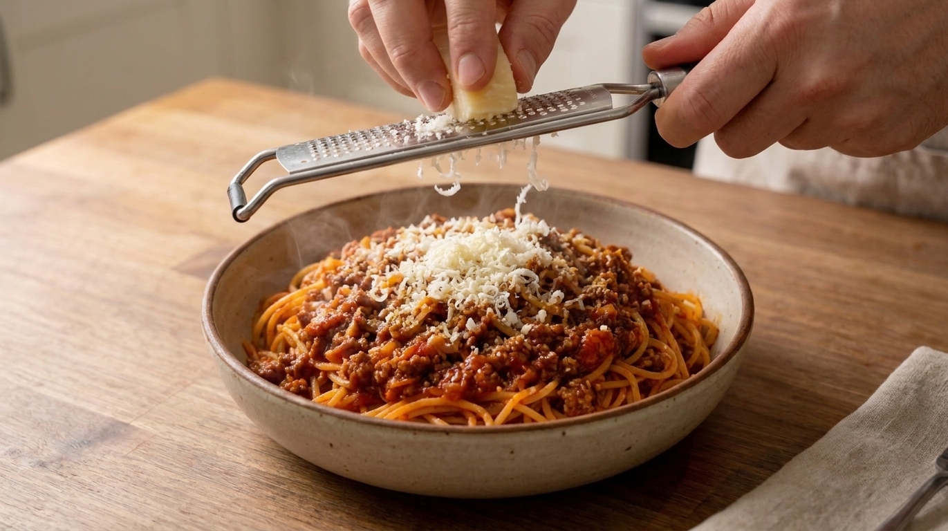 A close-up of hands grating Parmesan over a steaming bowl of spaghetti with meat sauce on a kitchen counter